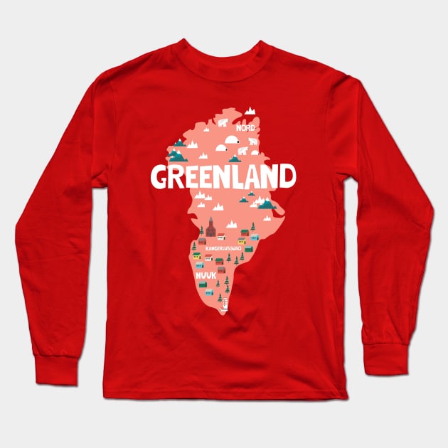 Greenland illustrated map Long Sleeve T-Shirt by JunkyDotCom